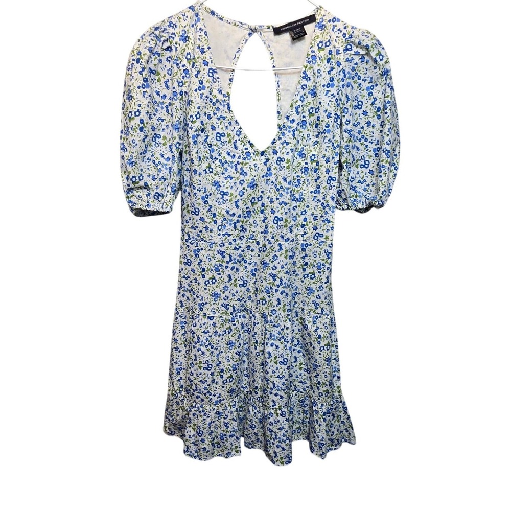 French Connection Floral Boho Dress Womens Size 4 Blue‎ White Puff Sleeve Cotton